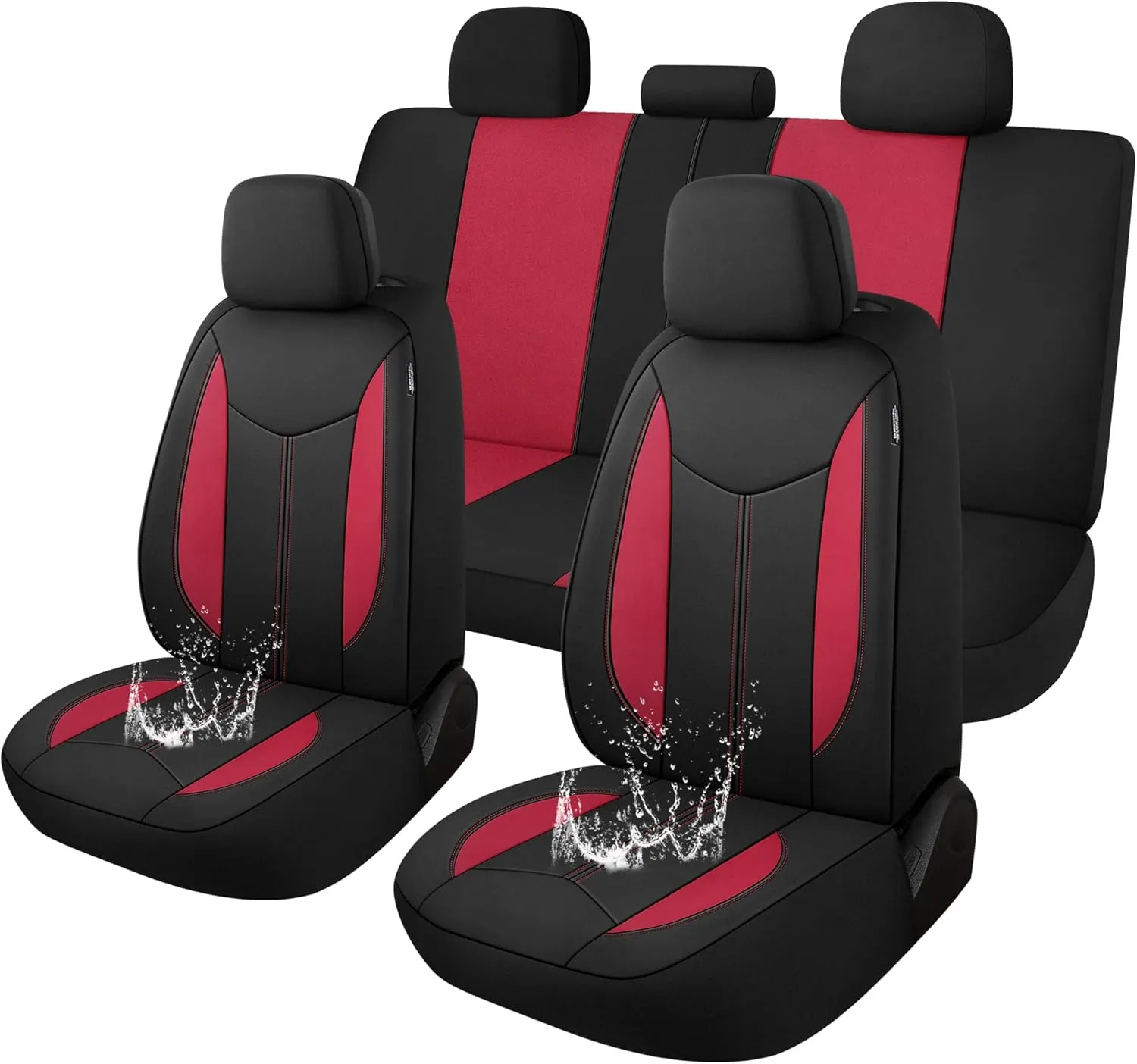 CAROMOP Waterproof Car Seat Cover Full Seats, Neoprene Seat Covers for Cars,Split Bench Compatible Car Interior Covers, Universal Fit Most Car Sedan Truck SUV(Black/Red)
