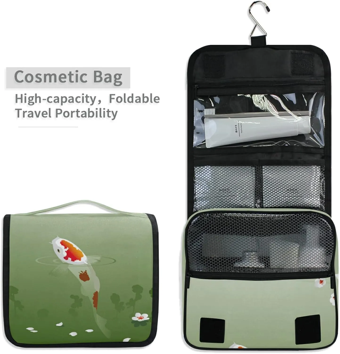 Carp in Spring Pond Cherry Blossom Japanese Fish Green Hanging Wash Gargle Toiletry Bag Travel Cosmetic Makeup Case Organizer Storage Large Portable
