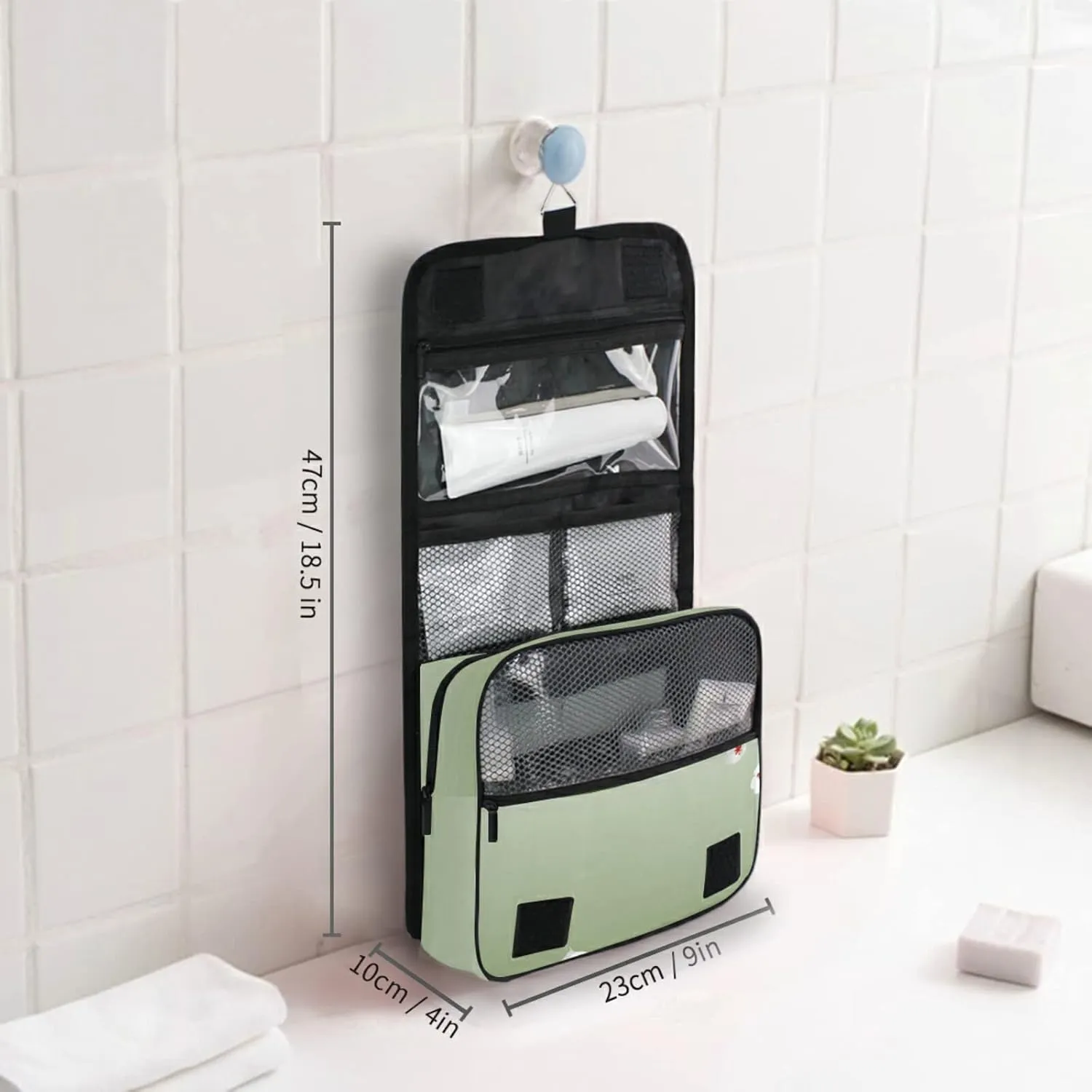 Carp in Spring Pond Cherry Blossom Japanese Fish Green Hanging Wash Gargle Toiletry Bag Travel Cosmetic Makeup Case Organizer Storage Large Portable