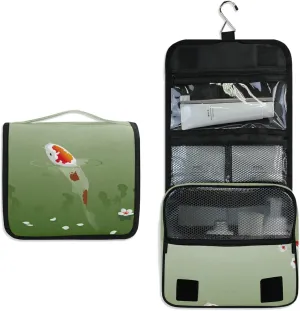 Carp in Spring Pond Cherry Blossom Japanese Fish Green Hanging Wash Gargle Toiletry Bag Travel Cosmetic Makeup Case Organizer Storage Large Portable