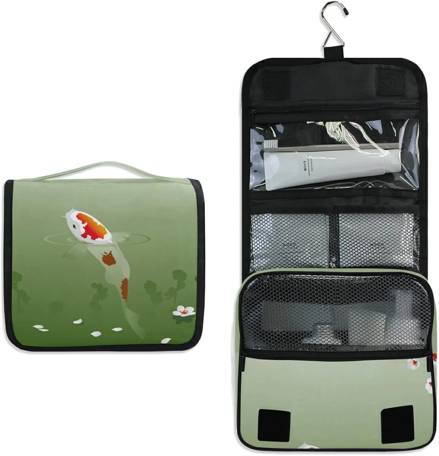 Carp in Spring Pond Cherry Blossom Japanese Fish Green Hanging Wash Gargle Toiletry Bag Travel Cosmetic Makeup Case Organizer Storage Large Portable