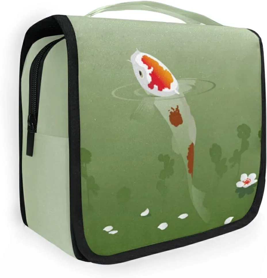 Carp in Spring Pond Cherry Blossom Japanese Fish Green Hanging Wash Gargle Toiletry Bag Travel Cosmetic Makeup Case Organizer Storage Large Portable