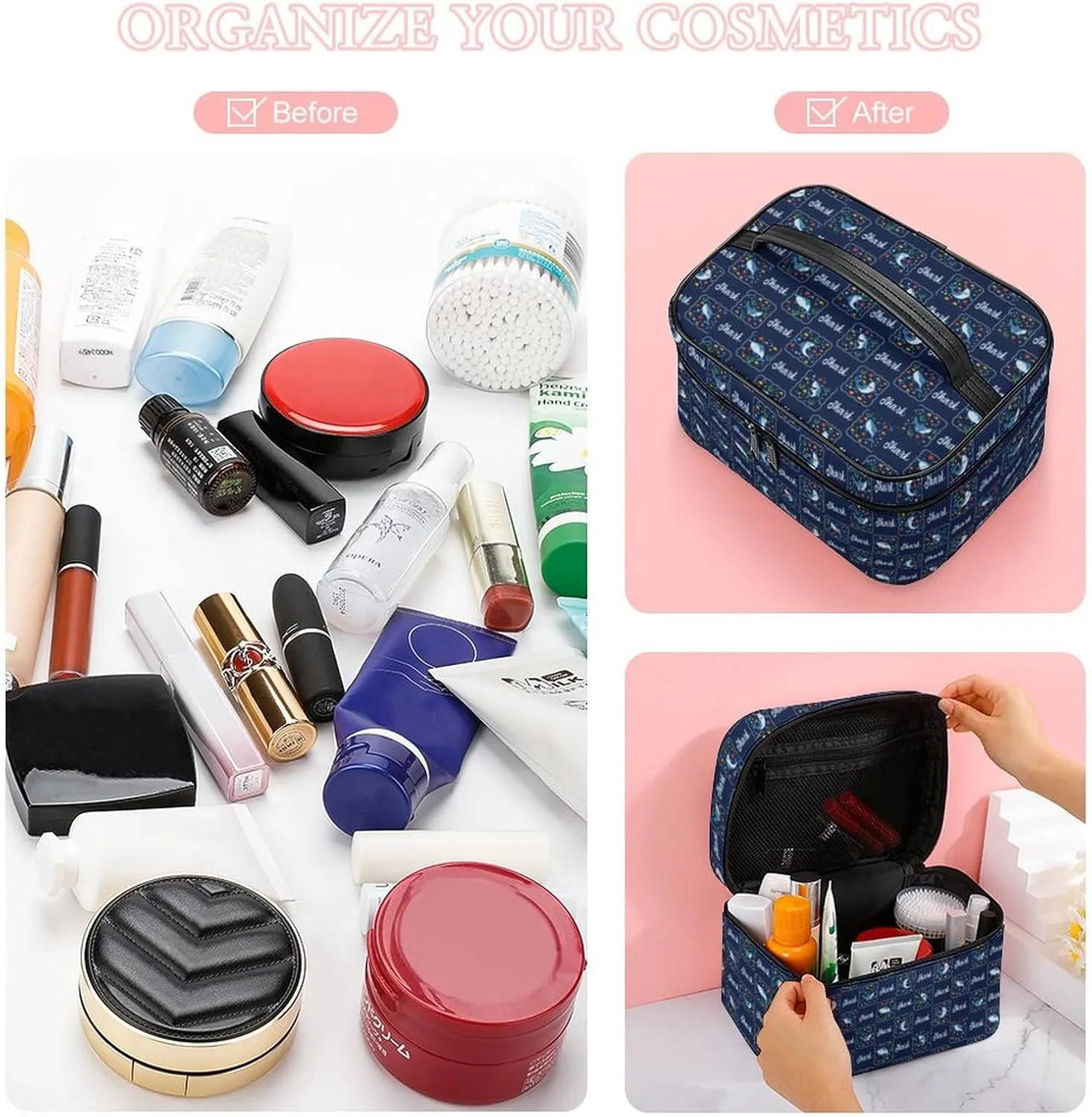 Cartoon Shark Checkered Makeup Bags For Women Travel Cosmetic Bag Large Waterproof Skincare Toiletry Bags With Handle Cosmetic Organizer Portable Make Up Box For Wedding Party