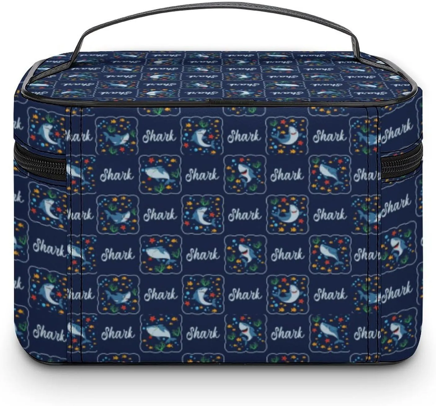 Cartoon Shark Checkered Makeup Bags For Women Travel Cosmetic Bag Large Waterproof Skincare Toiletry Bags With Handle Cosmetic Organizer Portable Make Up Box For Wedding Party