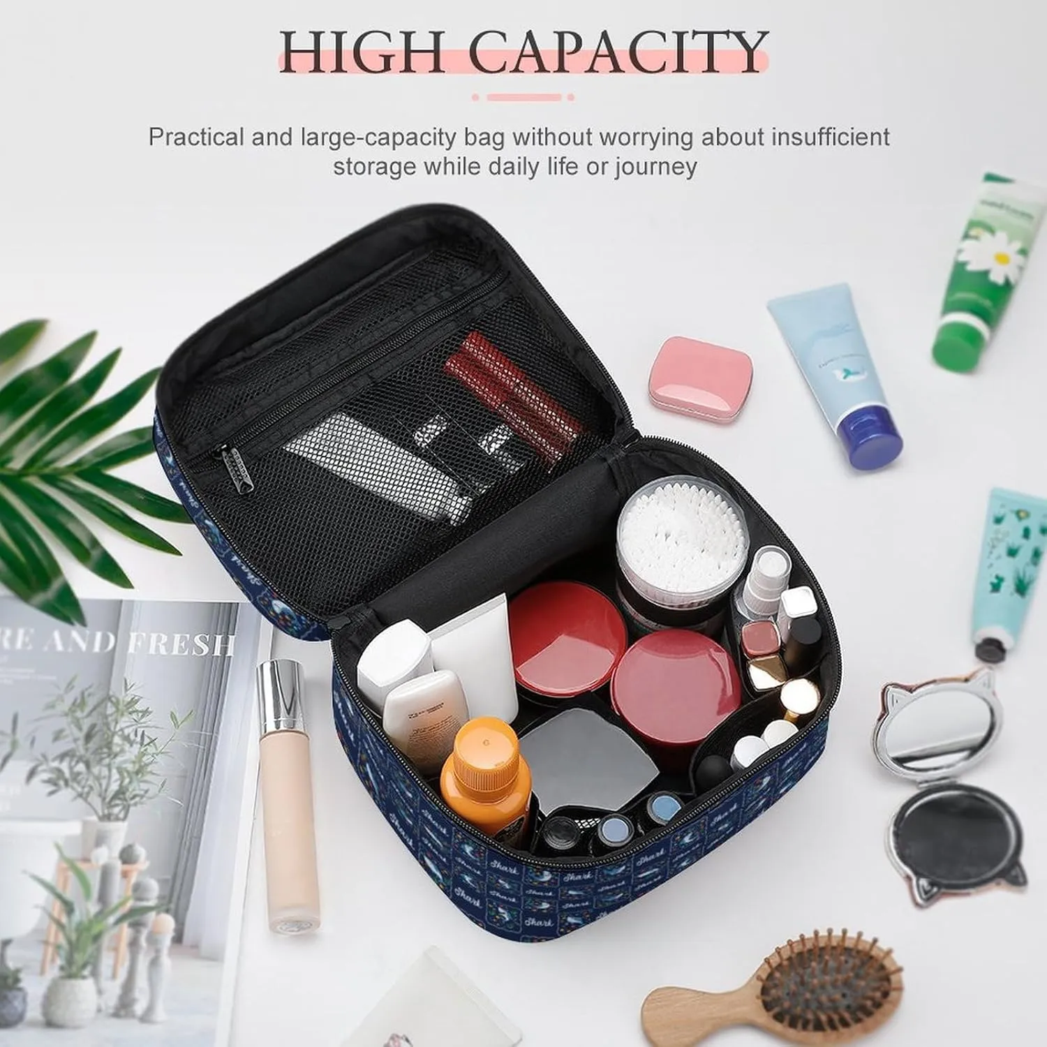Cartoon Shark Checkered Makeup Bags For Women Travel Cosmetic Bag Large Waterproof Skincare Toiletry Bags With Handle Cosmetic Organizer Portable Make Up Box For Wedding Party