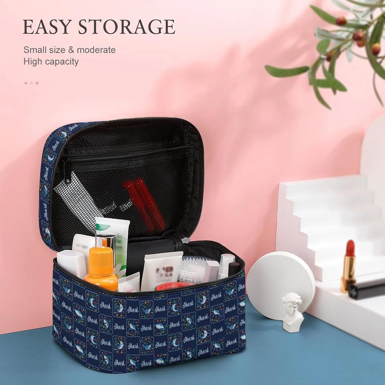 Cartoon Shark Checkered Makeup Bags For Women Travel Cosmetic Bag Large Waterproof Skincare Toiletry Bags With Handle Cosmetic Organizer Portable Make Up Box For Wedding Party
