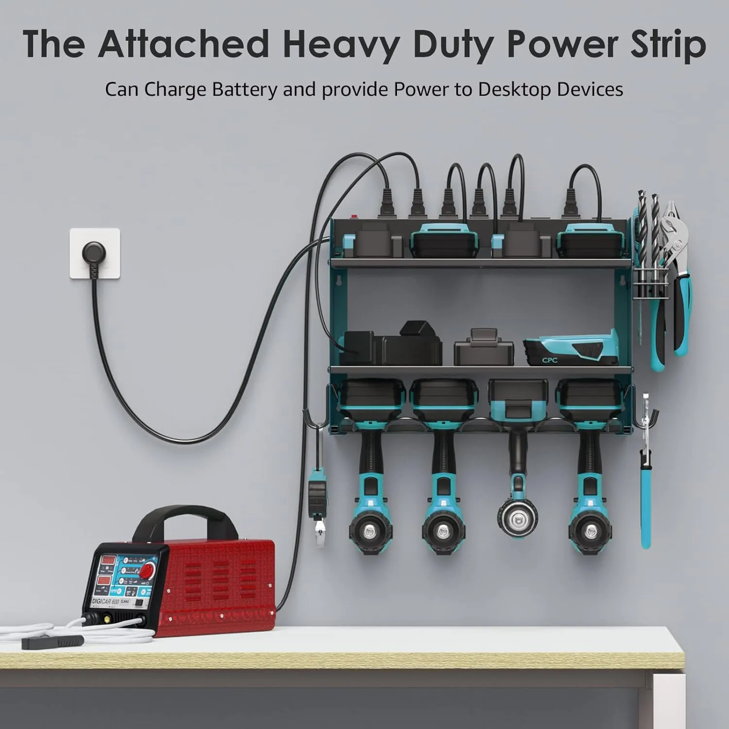 CCCEI Set Power Tool Organizer Wall Mount with Charging Station. Garage 4 Drill Storage Shelf with Hooks, Heavy Duty Metal Tool Battery Charger Organizer. Shop Utility Rack with Power Strip Navy Blue.