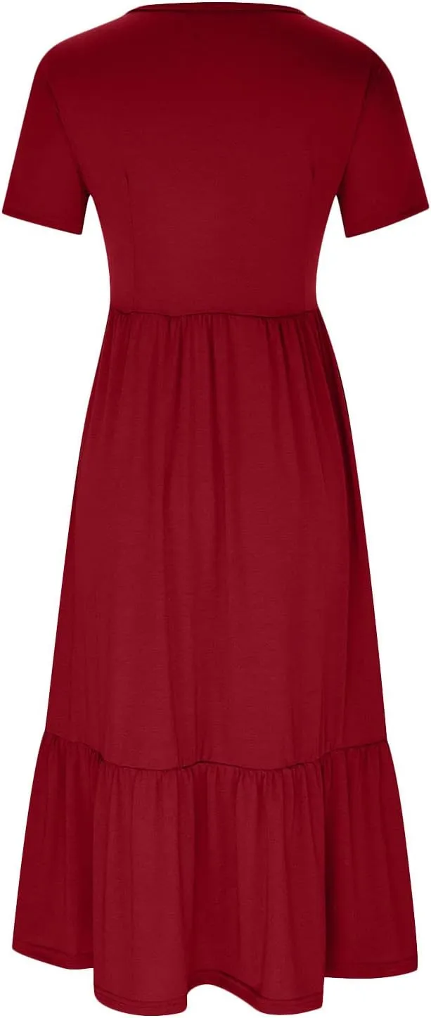 Ceboyel Women's Short Sleeve Ruffle Midi Dress Tiered Trendy Casual Dresses Swing Plain T Shirt Dress Spring Outfits 2023