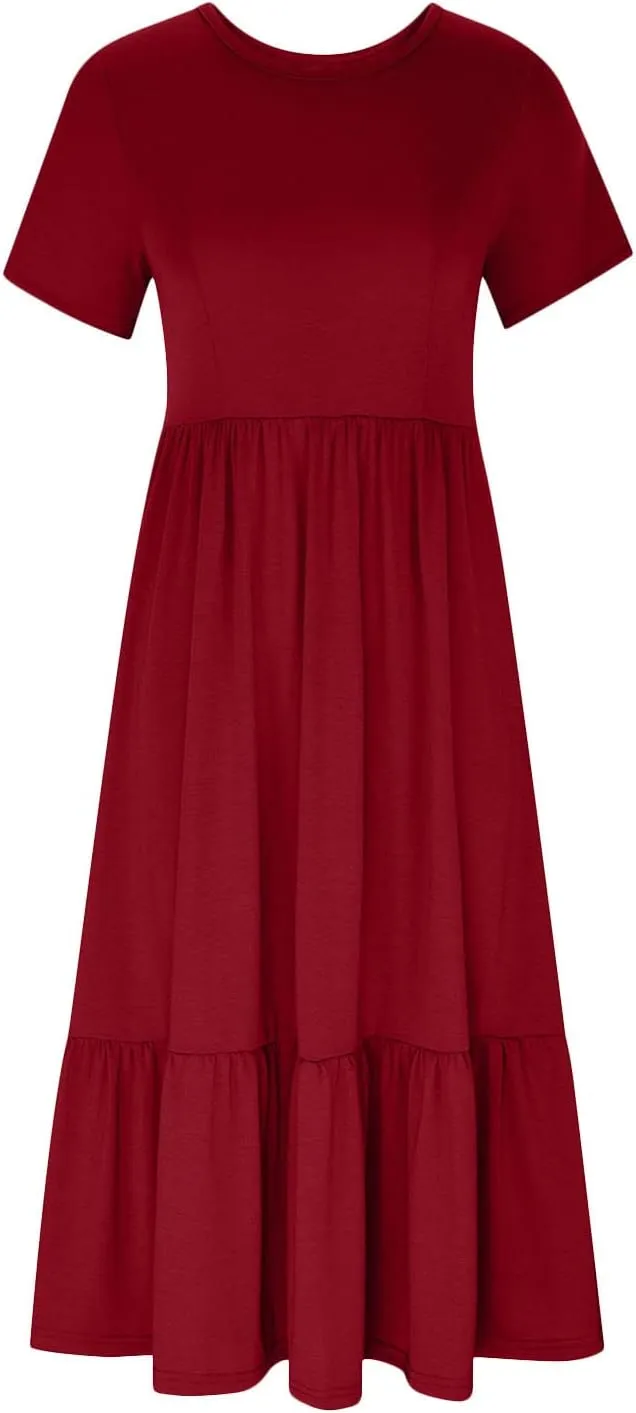Ceboyel Women's Short Sleeve Ruffle Midi Dress Tiered Trendy Casual Dresses Swing Plain T Shirt Dress Spring Outfits 2023