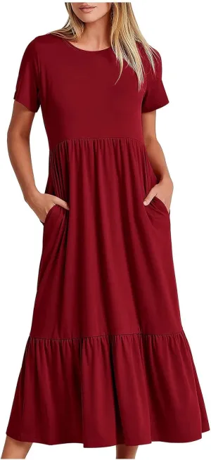 Ceboyel Women's Short Sleeve Ruffle Midi Dress Tiered Trendy Casual Dresses Swing Plain T Shirt Dress Spring Outfits 2023