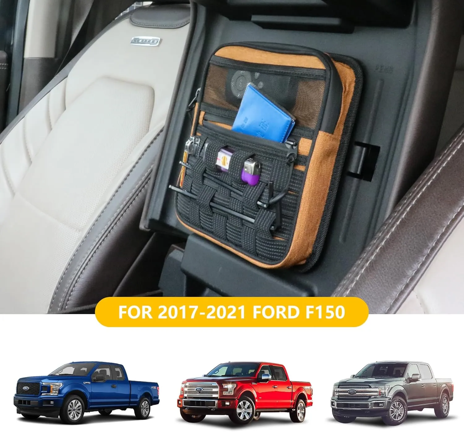 Center Console Organizer Storage Compatible with 2017 2018 2019 2020 2021 Ford F150 Accessories Console Organizer Armrest Hidden Bag with Tactical Webbing Molle Panel, Orange
