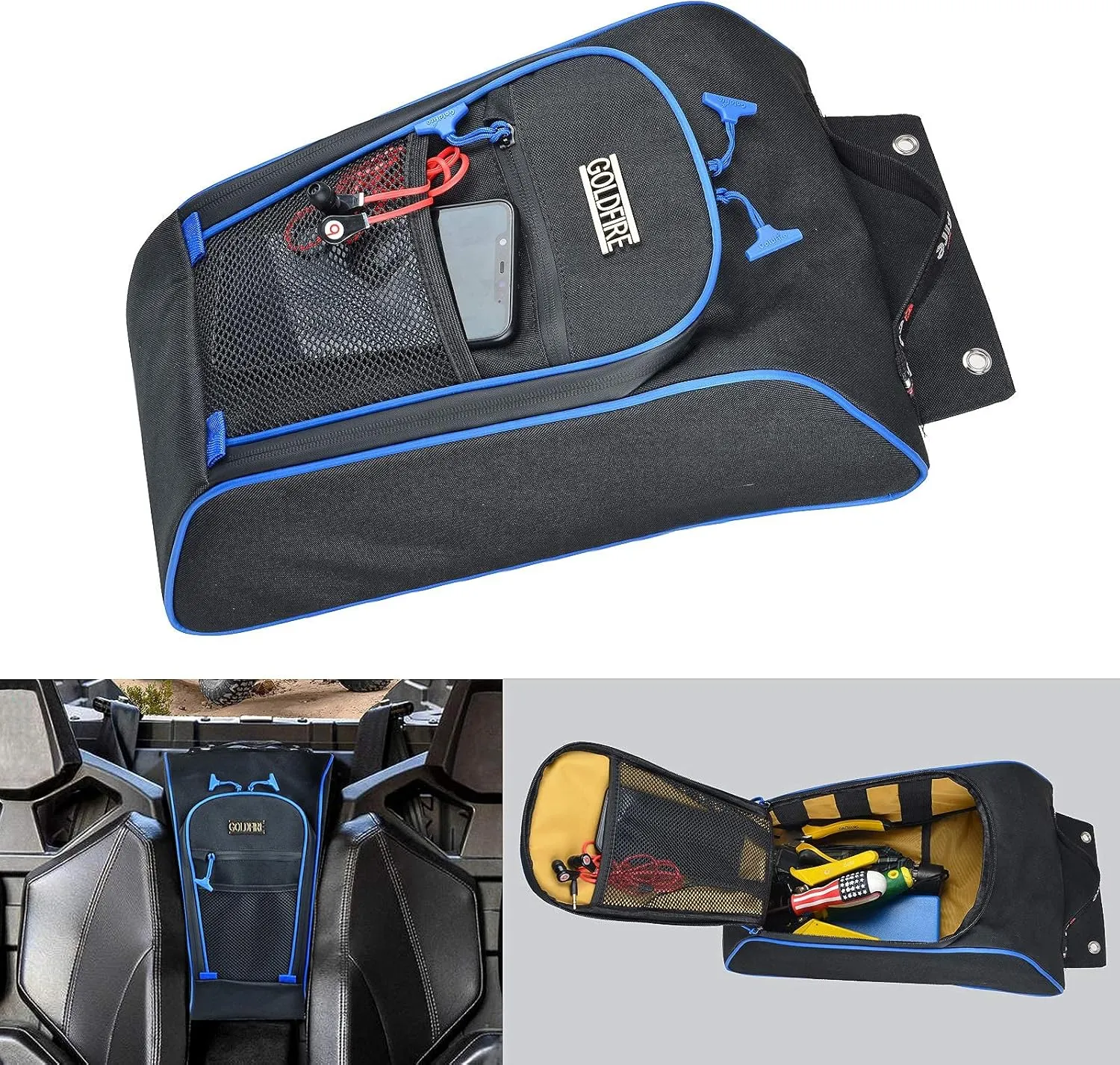 Center Seat Storage Bag Tool Bag Compatible with Polaris RZR Pro XP 2020-2025 Cab Pack Organizer Gear Bag 1680D (Blue Piping)