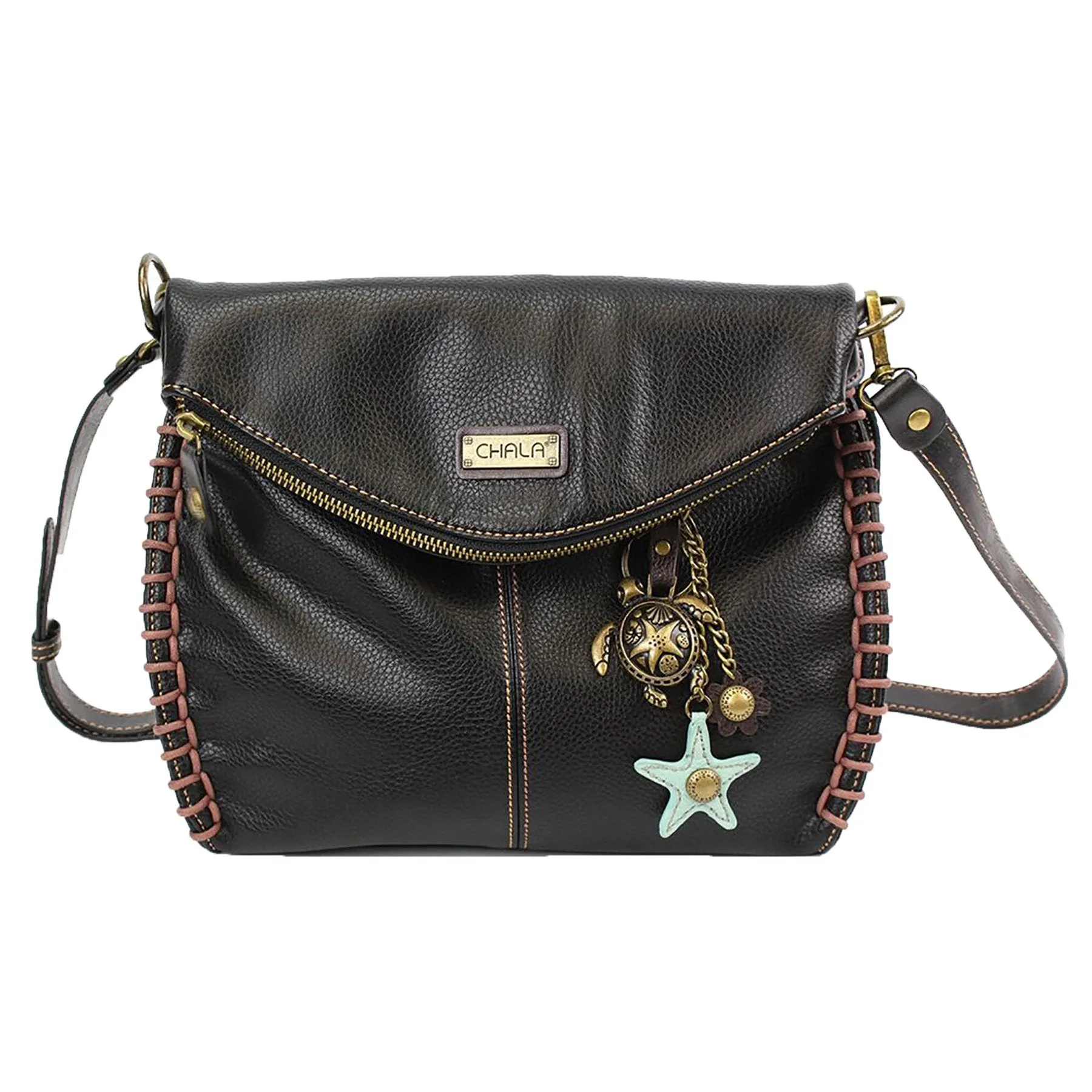Chala Charming Black Crossbody Bag With Flap Top and Zipper or Shoulder Handbag