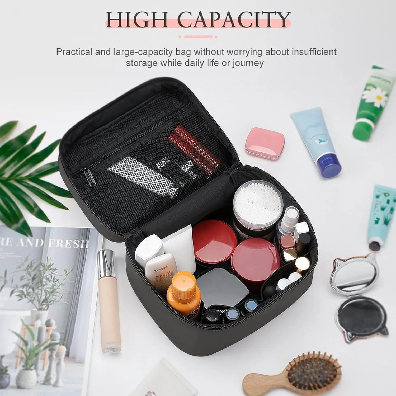 Charcoal Gray Cosmetic Bag, Travel Portable Makeup Bag for Purse Pouch Beauty Zipper Organizer Toiletry Bag for Women