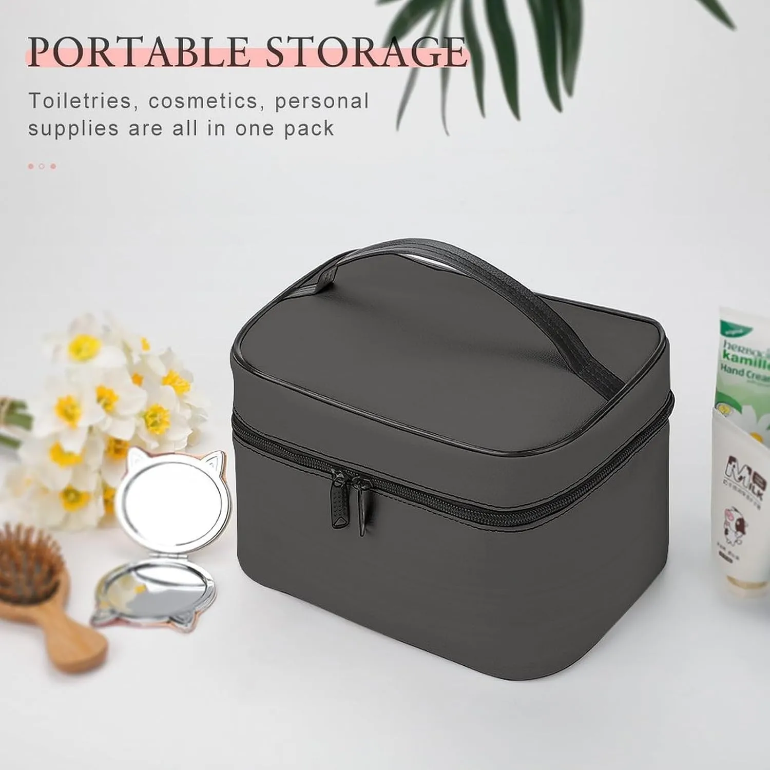 Charcoal Gray Cosmetic Bag, Travel Portable Makeup Bag for Purse Pouch Beauty Zipper Organizer Toiletry Bag for Women