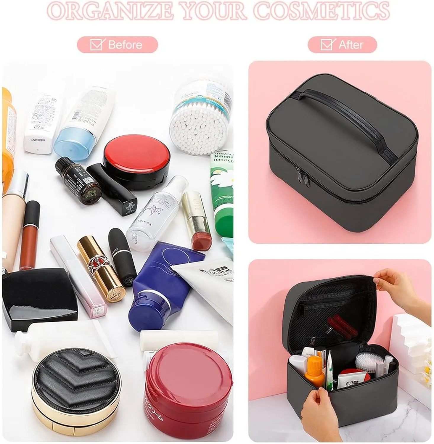 Charcoal Gray Cosmetic Bag, Travel Portable Makeup Bag for Purse Pouch Beauty Zipper Organizer Toiletry Bag for Women