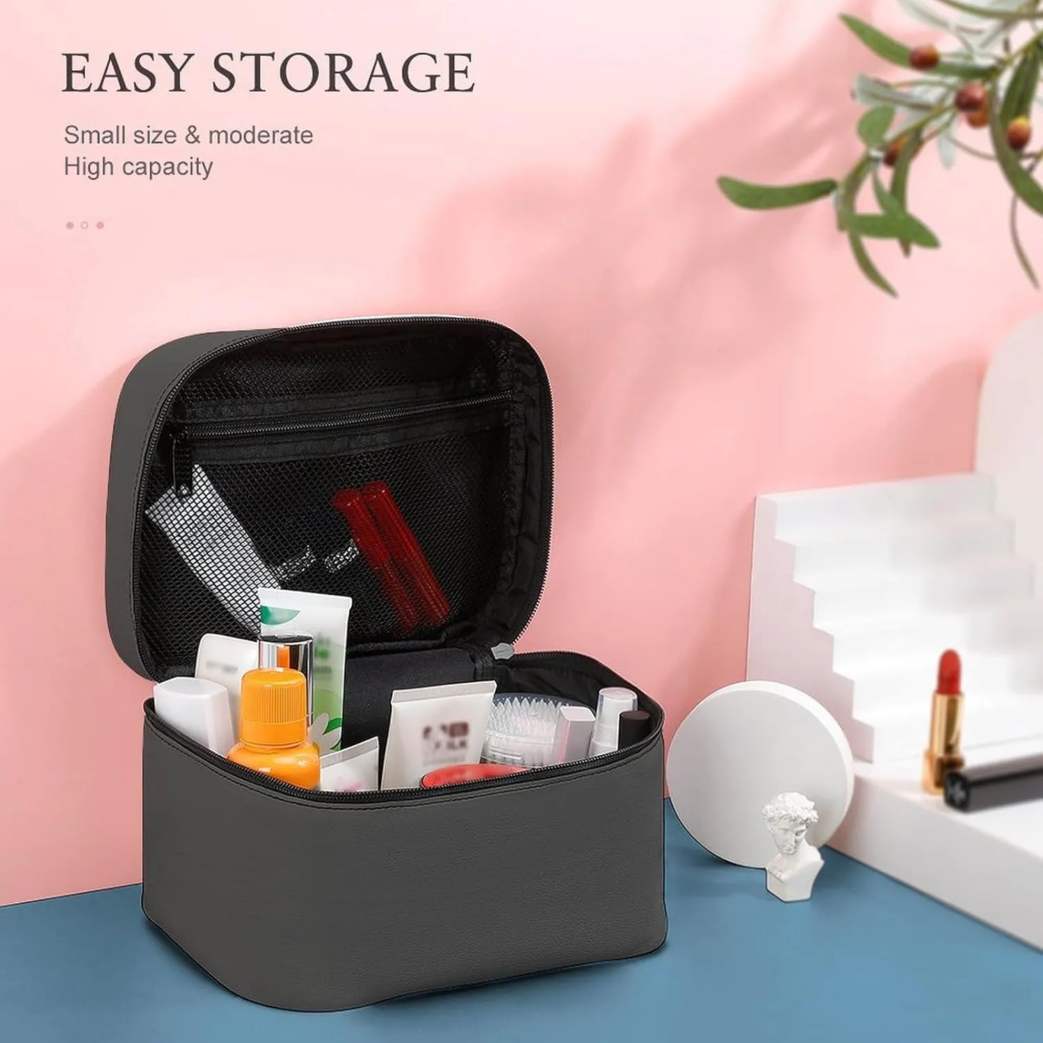 Charcoal Gray Cosmetic Bag, Travel Portable Makeup Bag for Purse Pouch Beauty Zipper Organizer Toiletry Bag for Women