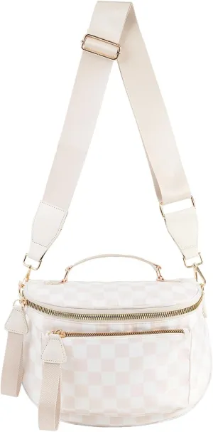 Checkered Crossbody Bag Bum Bag For Women,Spacious Checkered Purse Fanny Packs,Upgraded Version With Carry Handle (Handle Checkered - Beige)
