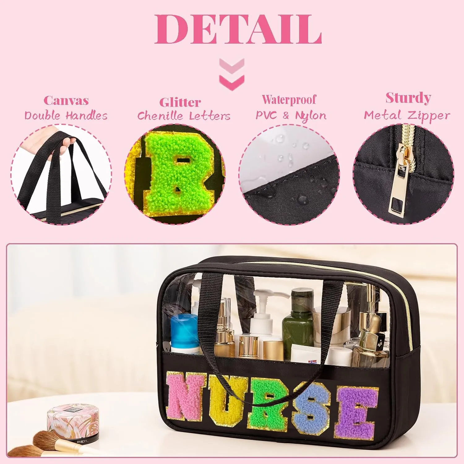 Chenille Letter Nurse Bag Gifts for Women - Clear, Waterproof Nylon Portable Toiletry Bag with Handle and Zipper, Nurse Accessories for Work