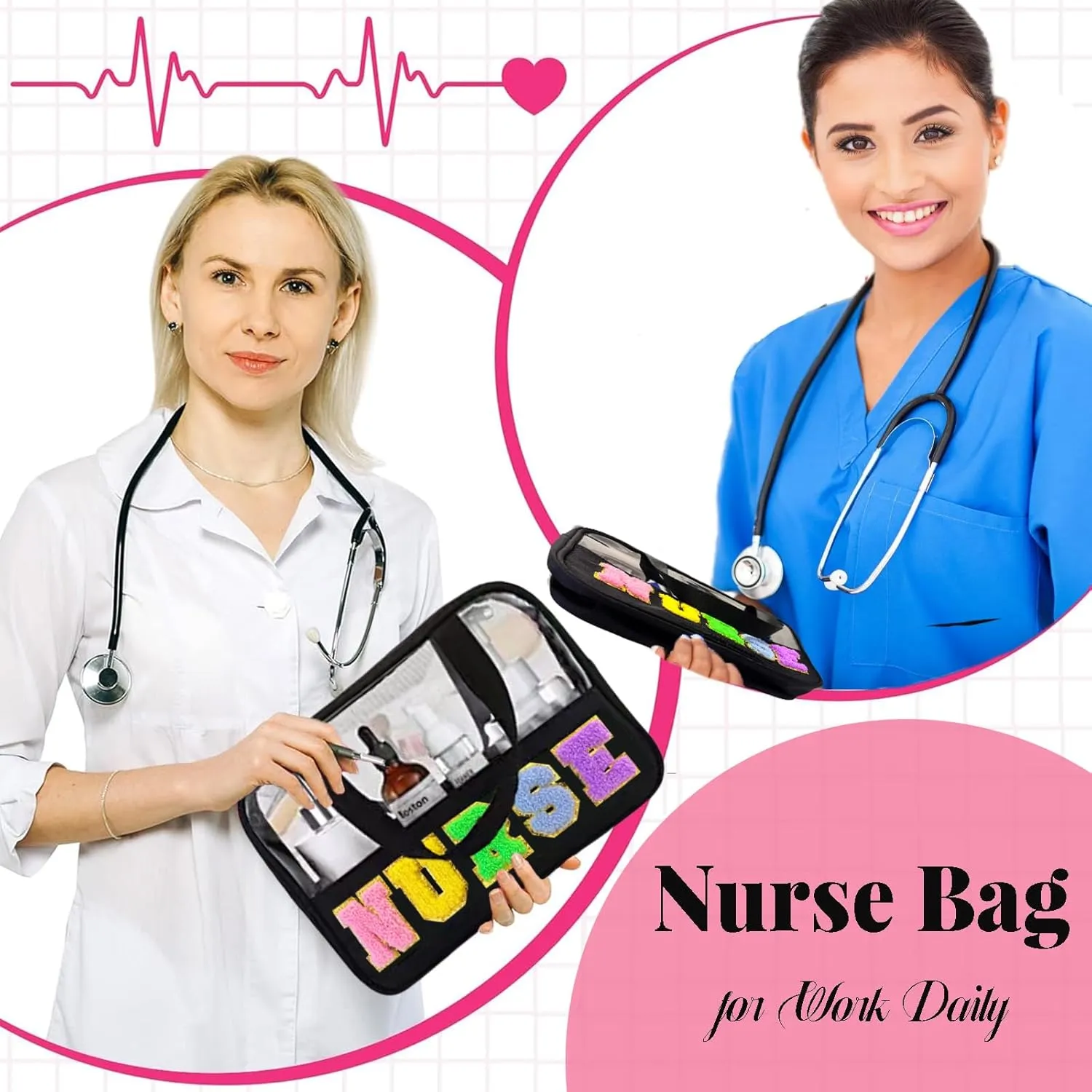 Chenille Letter Nurse Bag Gifts for Women - Clear, Waterproof Nylon Portable Toiletry Bag with Handle and Zipper, Nurse Accessories for Work