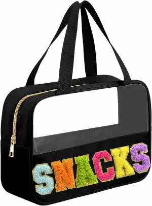 Chenille Letter Snacks Bag Clear Snack Bag Pouch with Handle and Zipper Waterproof Nylon Portable Travel Tote Makeup Bag for Women