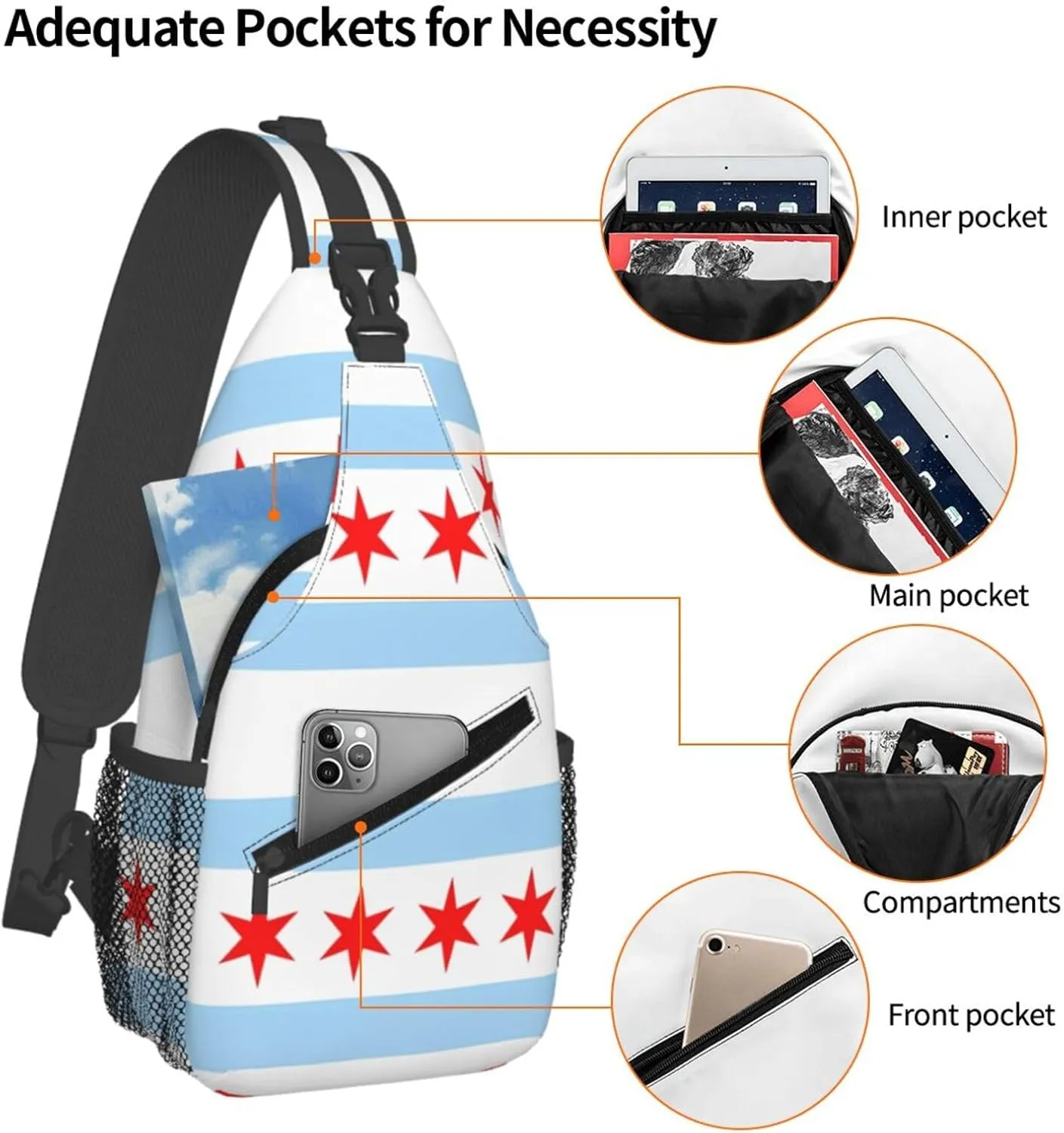 Chicago City Flag Crossbody Bags Sling Backpack Cross Chest Bag Sports Shoulder Bag Gym Fanny Pack Adjustable Cycling Daypack Diagonally Rucksack for Running