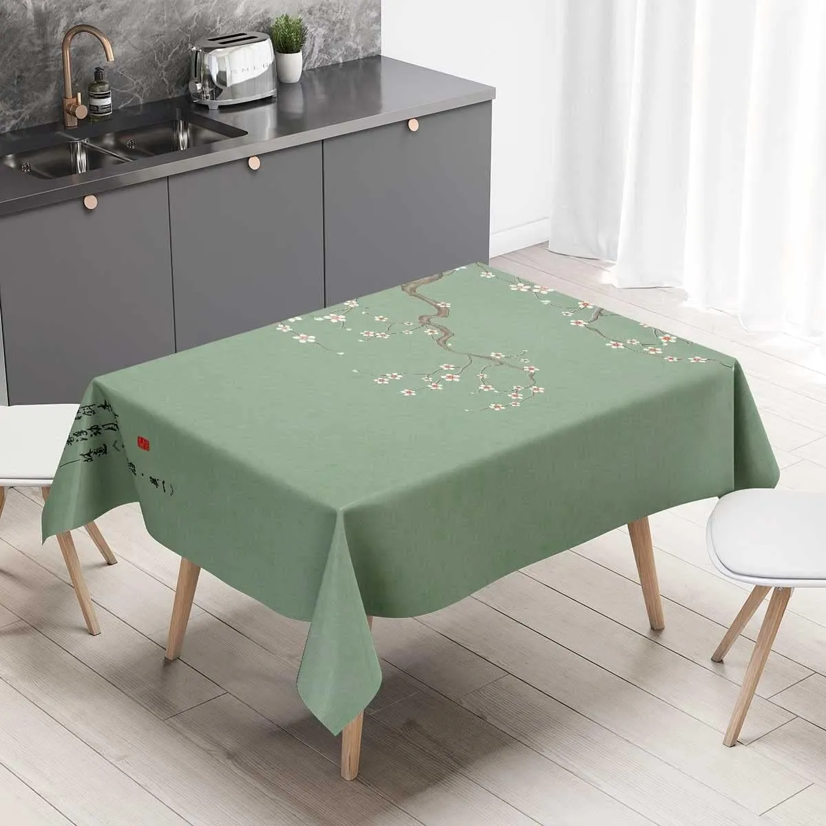 Chinese Style Washable Tablecloth Cherry Blossoms Plum Blossom Artpicnic Table Cover Oil Proof 60 X 84 Inch