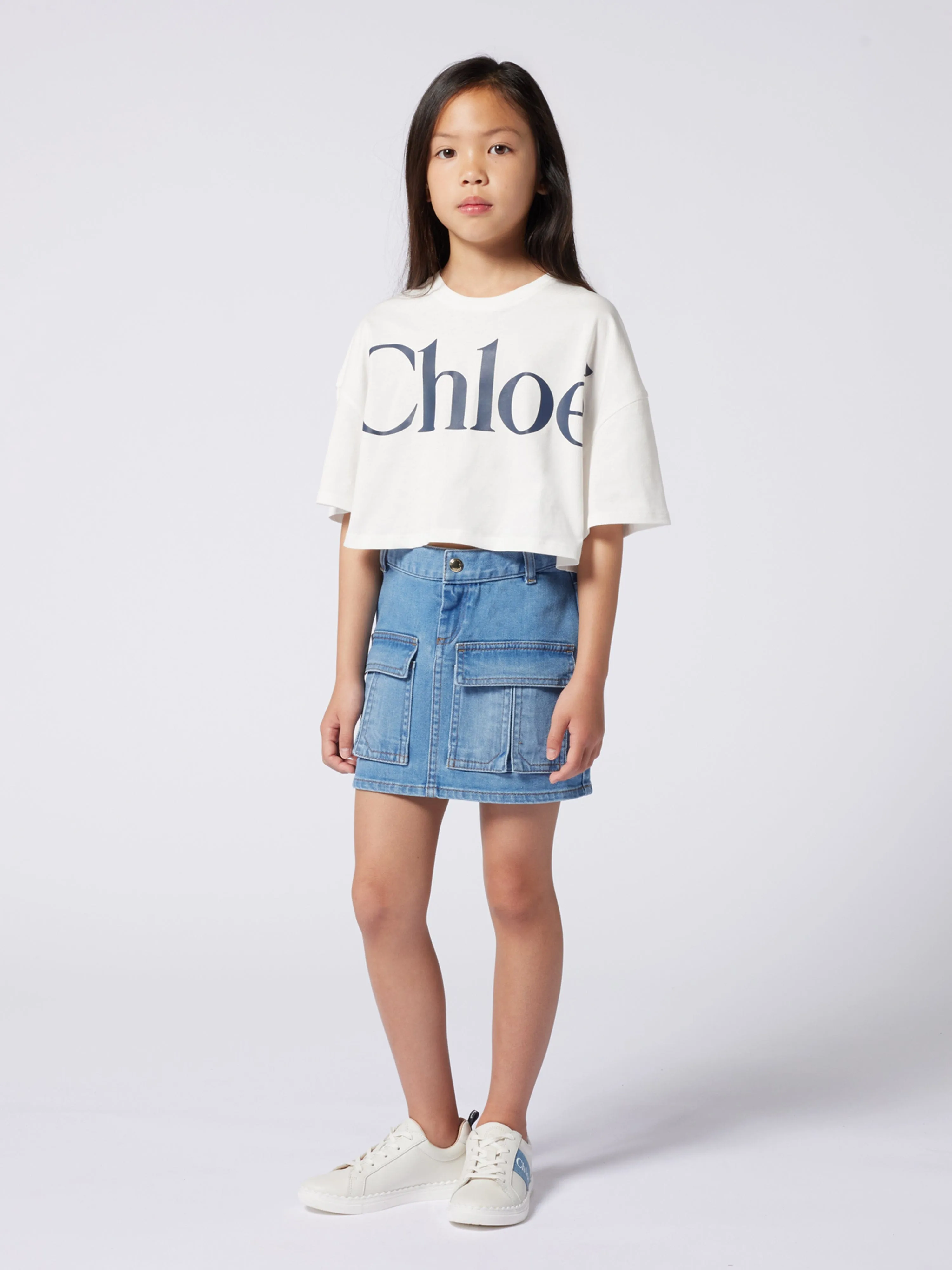 Chloé Girls Patch Pocket Denim Skirt in Blue