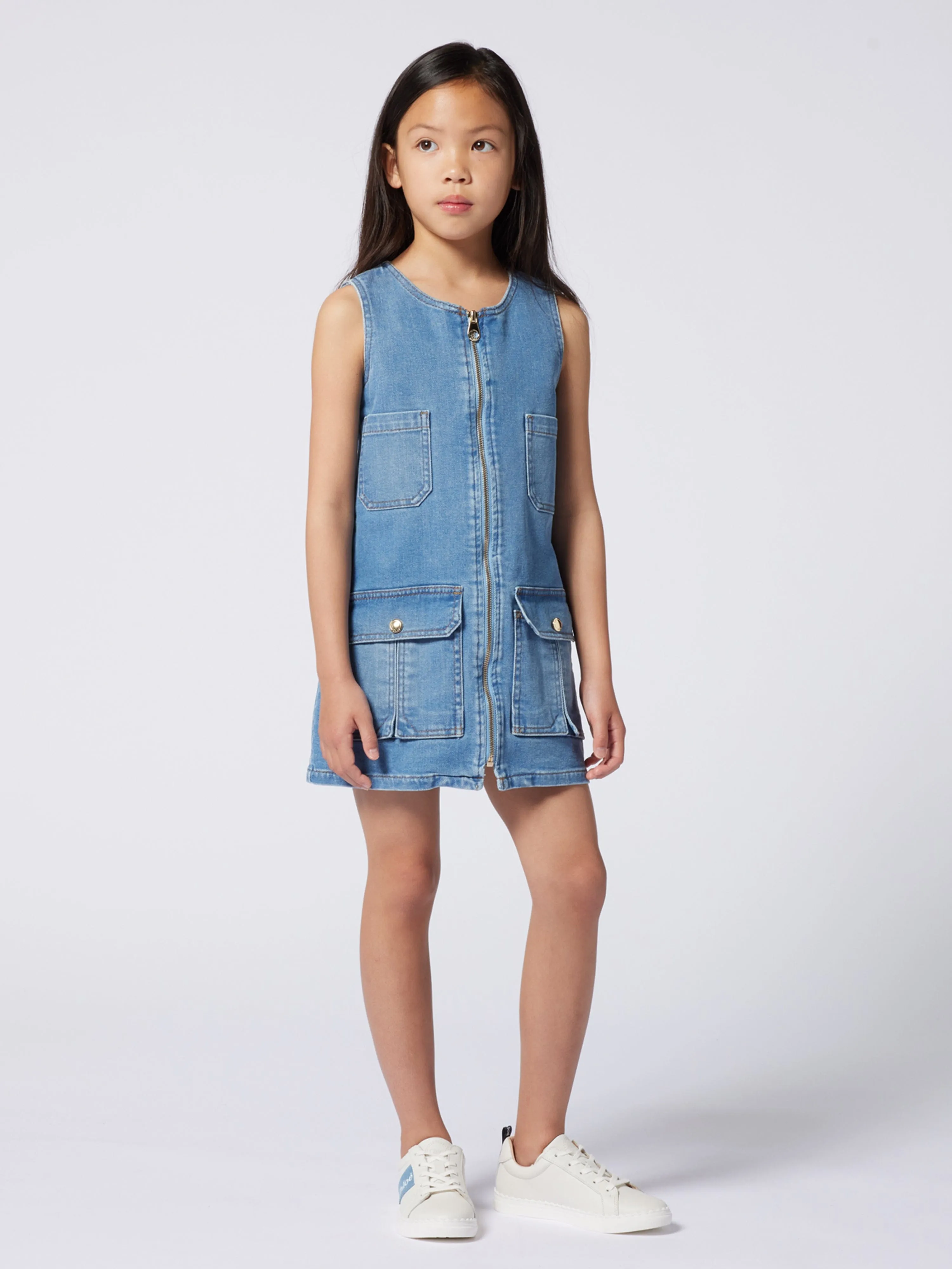 Chloé Girls Sleeveless Denim Zip Dress in Blue