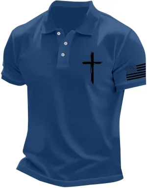 Christian Cross Polo Shirts for Men American Flag Golf Tees 4th of July USA Flag Independence Day Patriotic Tops