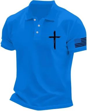 Christian Cross Polo Shirts for Men American Flag Golf Tees 4th of July USA Flag Independence Day Patriotic Tops