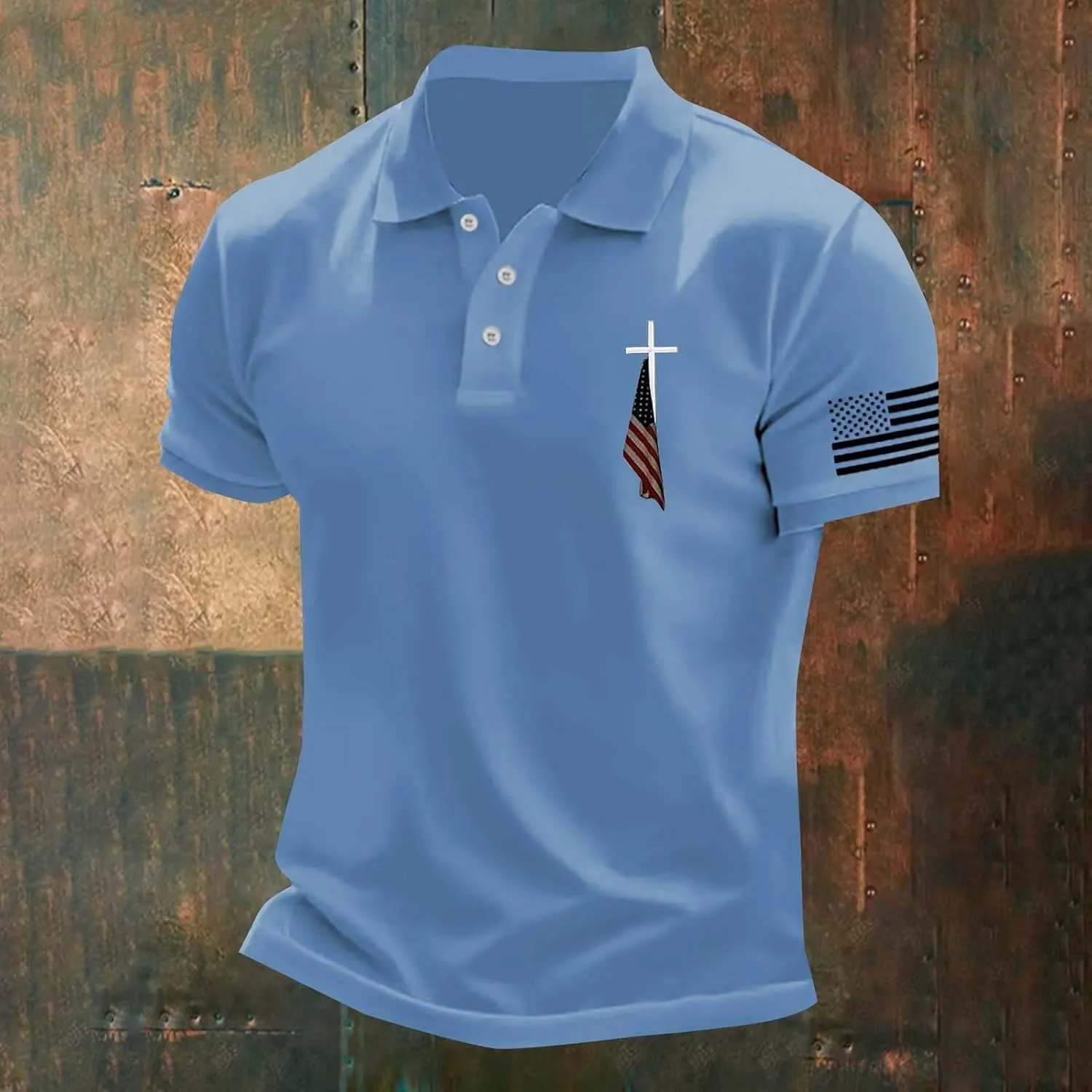Christian Cross Polo Shirts for Men American Flag Golf Tees 4th of July USA Flag Independence Day Patriotic Tops
