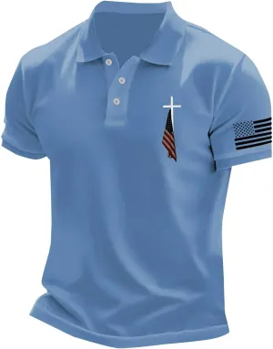 Christian Cross Polo Shirts for Men American Flag Golf Tees 4th of July USA Flag Independence Day Patriotic Tops