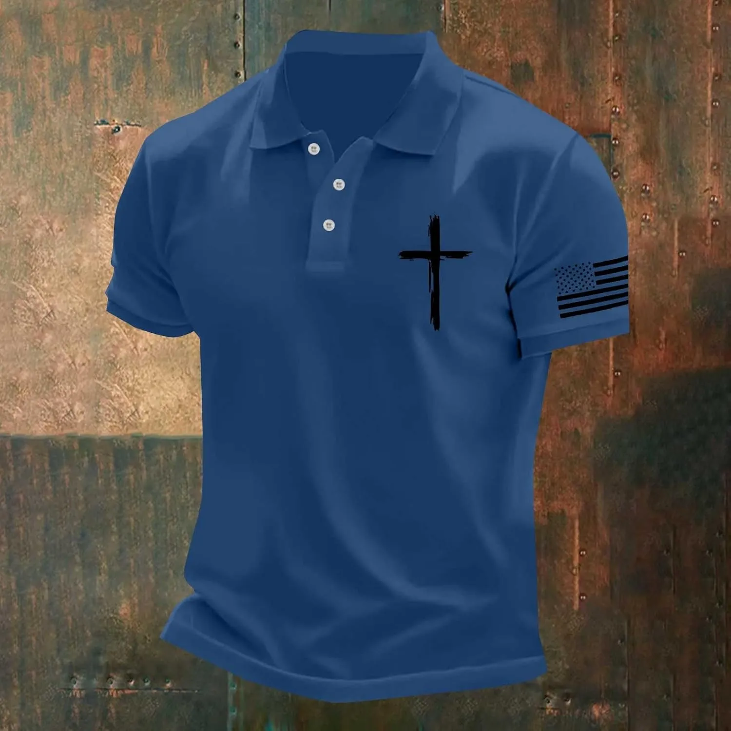 Christian Cross Polo Shirts for Men American Flag Golf Tees 4th of July USA Flag Independence Day Patriotic Tops