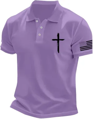 Christian Cross Polo Shirts for Men American Flag Golf Tees 4th of July USA Flag Independence Day Patriotic Tops