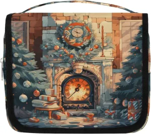 Christmas Fireplace Hanging Travel Toiletry Bag Kit Makeup Case Cosmetics Organizer Toiletry Bag for Women Make up Accessories Shampoo Body Cream Brushes Set