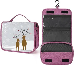 Christmas Print,Makeup Bag Cosmetic Travel Bag with Hanging Hook,Reindeers Snowflakes in Winter,Water-resistant Make Up Bag Organizer for Brushes,Full-size Container,Toiletries,Grey White