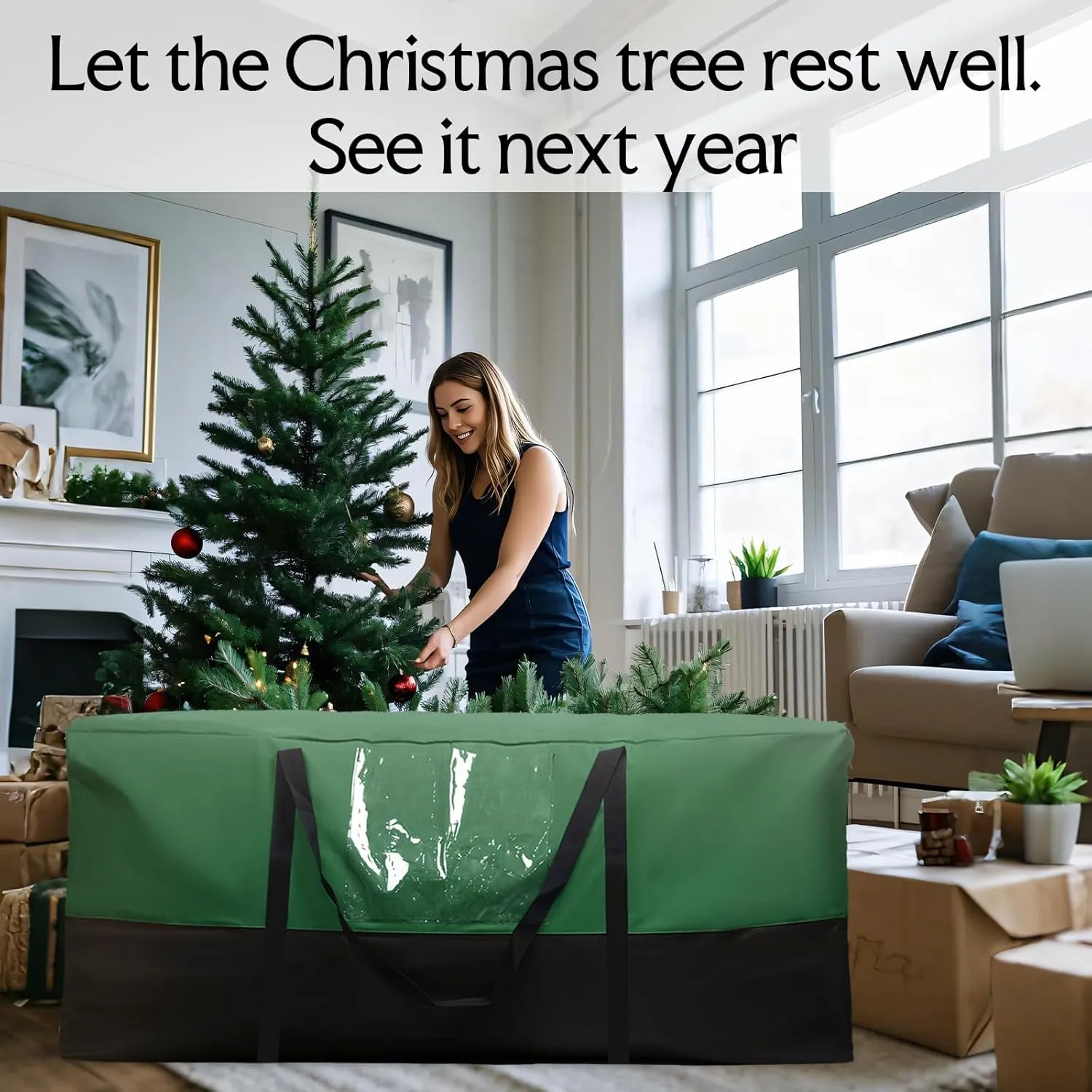 Christmas Tree Bag,Fits Up 8 Ft Tall Artificial Trees,600D Oxford Material,Heavy Duty Tree Bag,Dampproof Storage Bag with Durable Reinforced Handles & Dual Zipper&Transparent Pocket