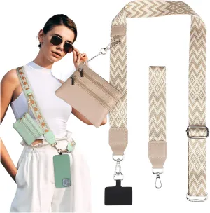 Clip and Go Strap for Phone with Wallet Crossbody Phone Strap, Wristlet Strap Adjustable Cell Phone Lanyard Phone Strap with Zippered Pouch Phone Chain Crossbody, Beige