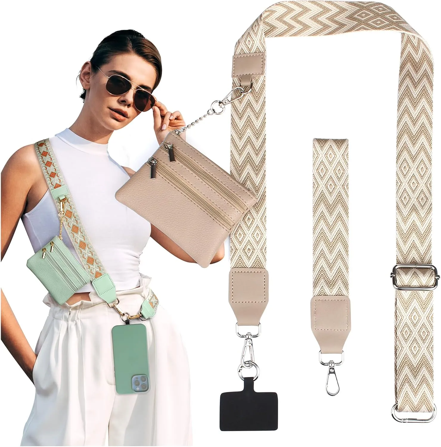 Clip and Go Strap for Phone with Wallet Crossbody Phone Strap, Wristlet Strap Adjustable Cell Phone Lanyard Phone Strap with Zippered Pouch Phone Chain Crossbody, Beige