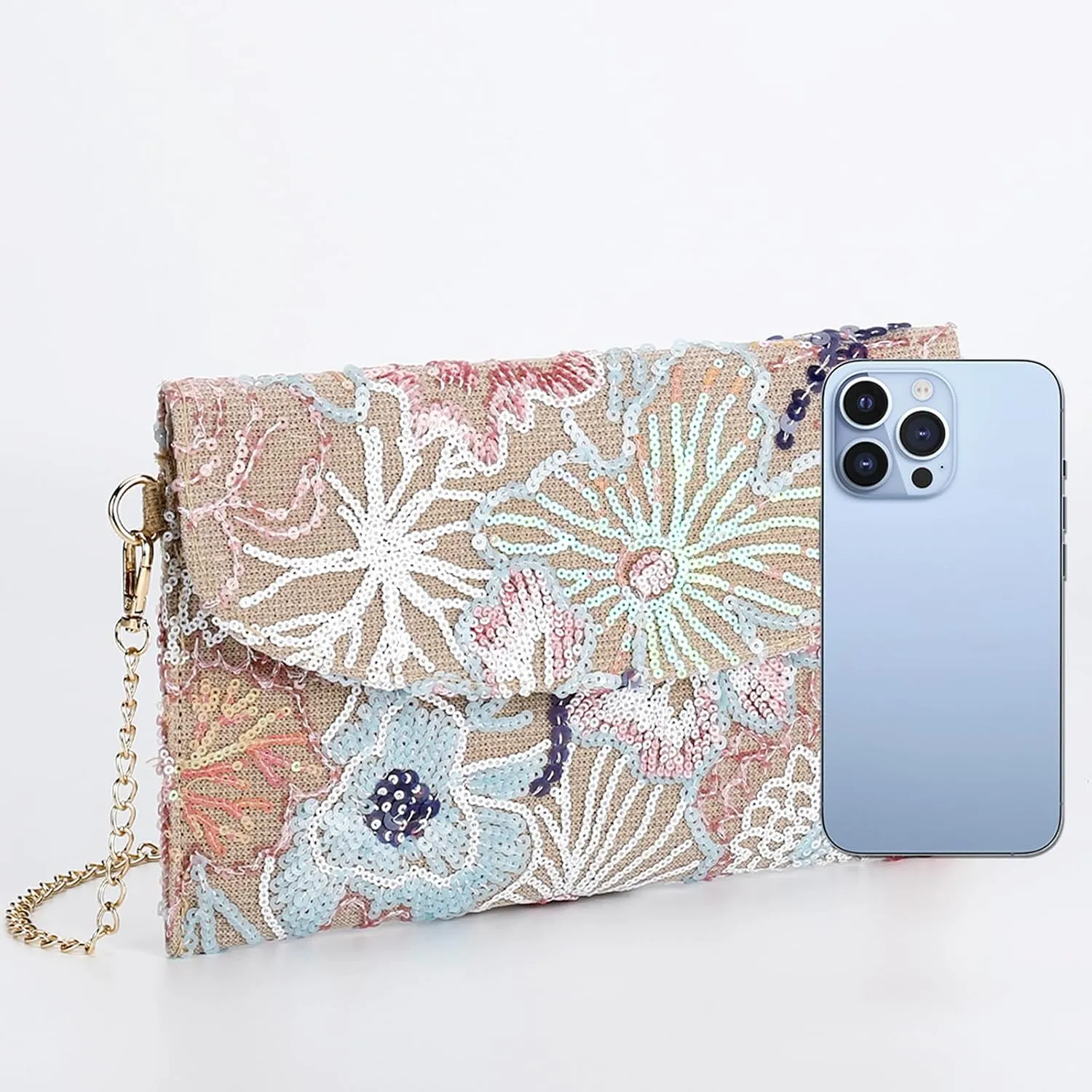 Clutch Purses for Women, Envelope Package, Sequin Embroidered Flowers Straw Bag, Bohemian Handmade Handbags