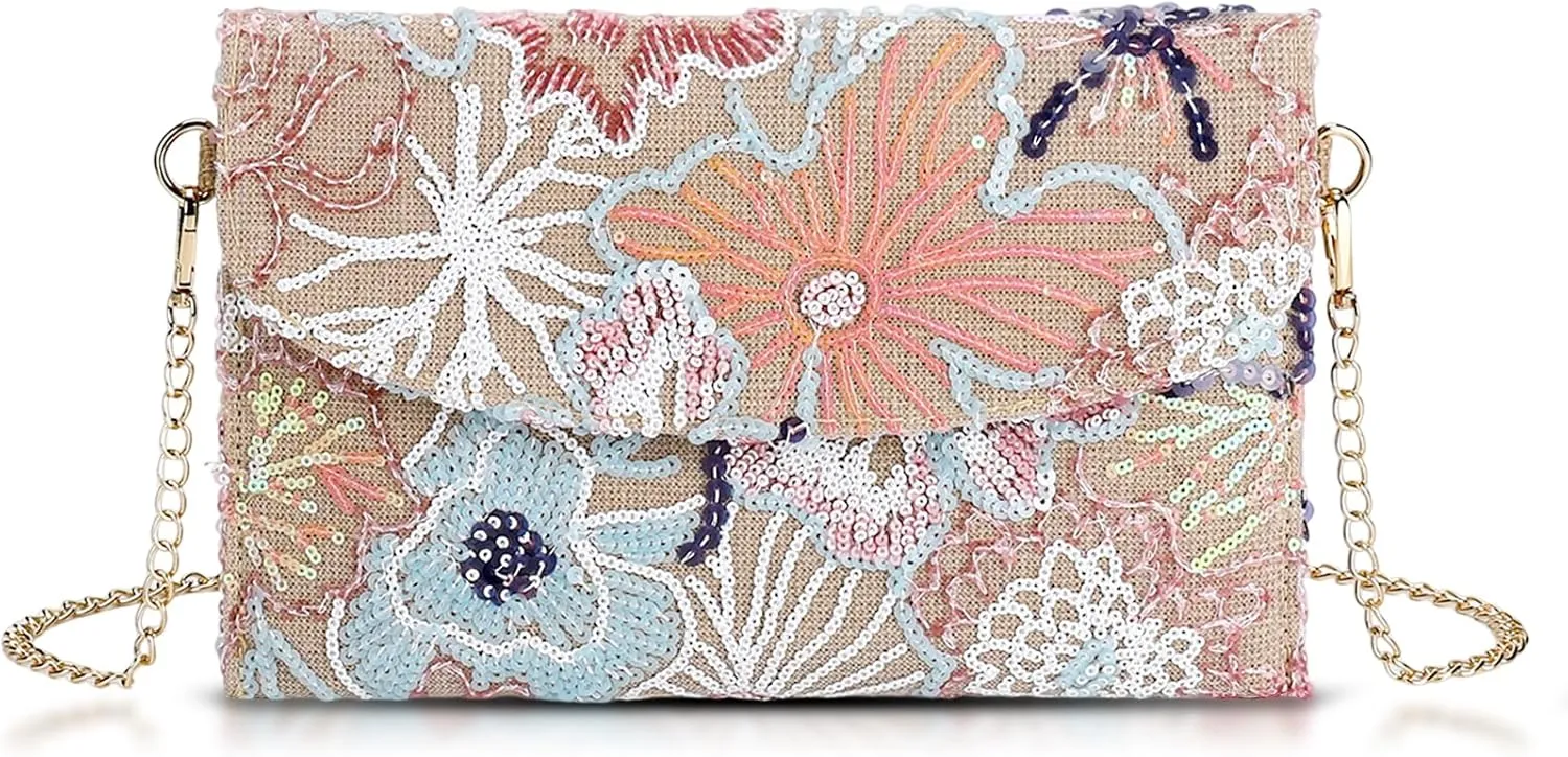 Clutch Purses for Women, Envelope Package, Sequin Embroidered Flowers Straw Bag, Bohemian Handmade Handbags