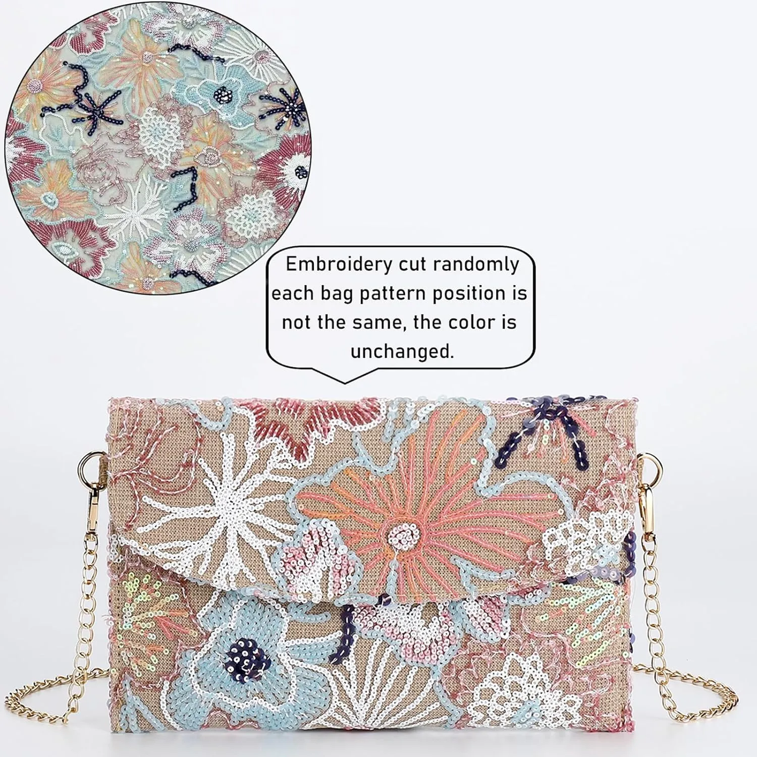 Clutch Purses for Women, Envelope Package, Sequin Embroidered Flowers Straw Bag, Bohemian Handmade Handbags