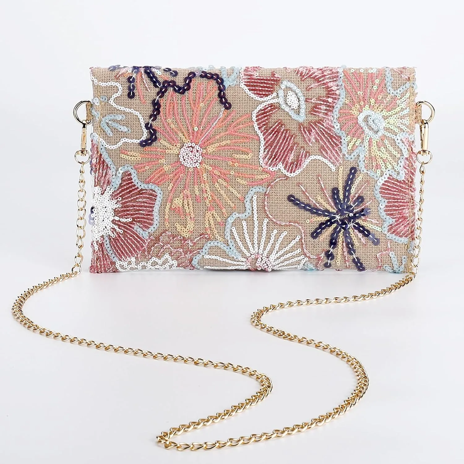 Clutch Purses for Women, Envelope Package, Sequin Embroidered Flowers Straw Bag, Bohemian Handmade Handbags