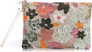 Clutch Purses for Women, Straw Bag, Bohemian Handmade Sequin Embroidered Flowers Envelope Package, Leather wristbands, Beach Handbags for Vacation, Travel, Banquet(Silver Flower)