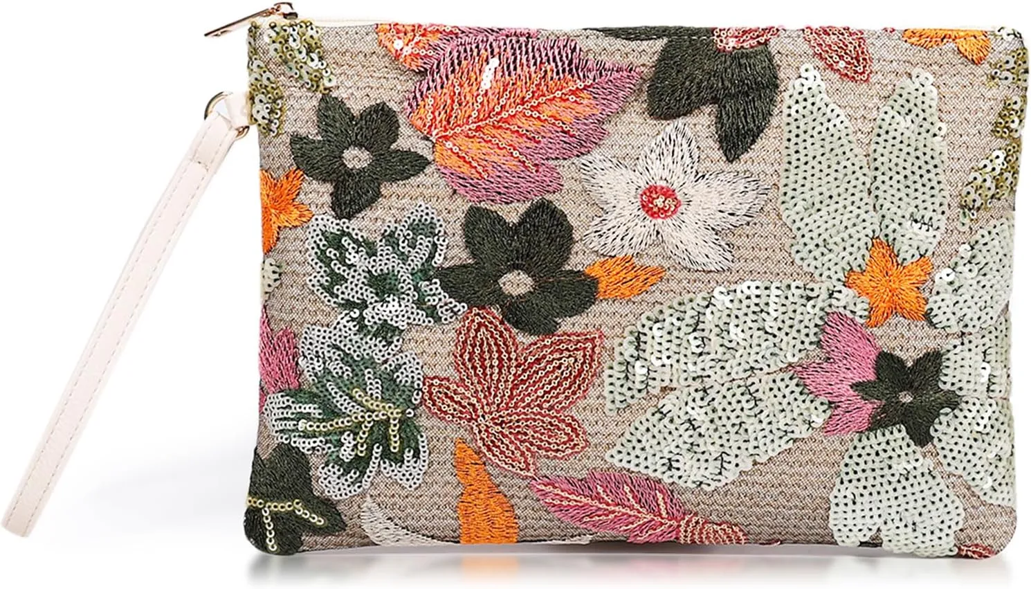 Clutch Purses for Women, Straw Bag, Bohemian Handmade Sequin Embroidered Flowers Envelope Package, Leather wristbands, Beach Handbags for Vacation, Travel, Banquet(Silver Flower)