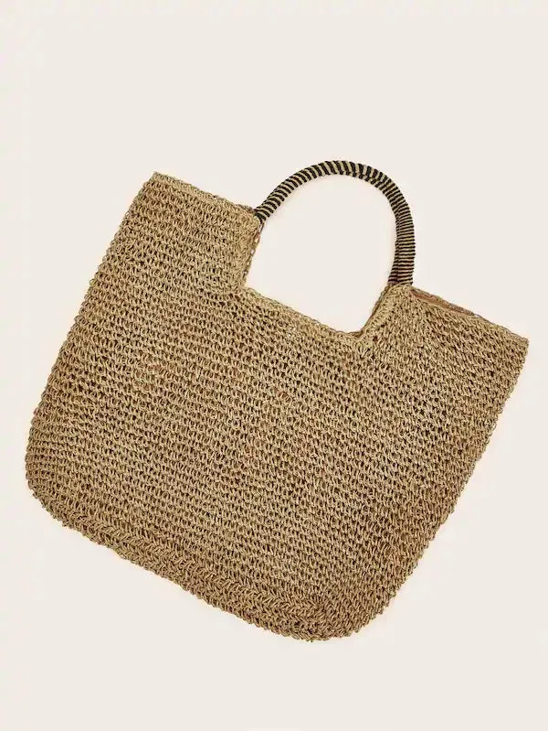 CM-BGS121737 Women Casual Bohemian Style Solid Square Straw Tote Bag - Camel