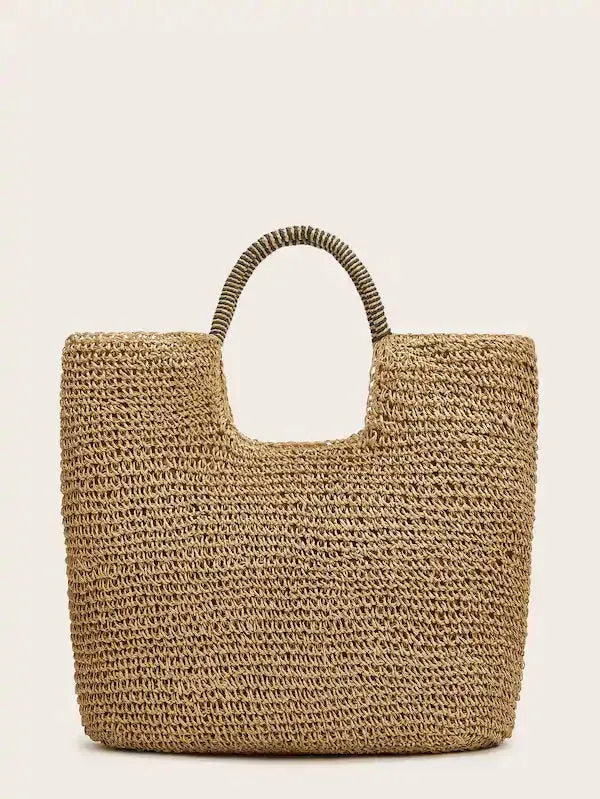 CM-BGS121737 Women Casual Bohemian Style Solid Square Straw Tote Bag - Camel