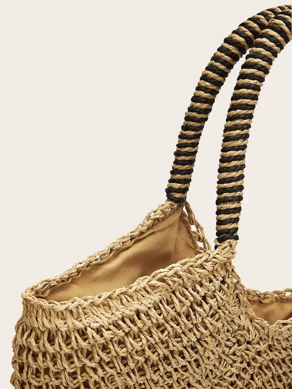 CM-BGS121737 Women Casual Bohemian Style Solid Square Straw Tote Bag - Camel