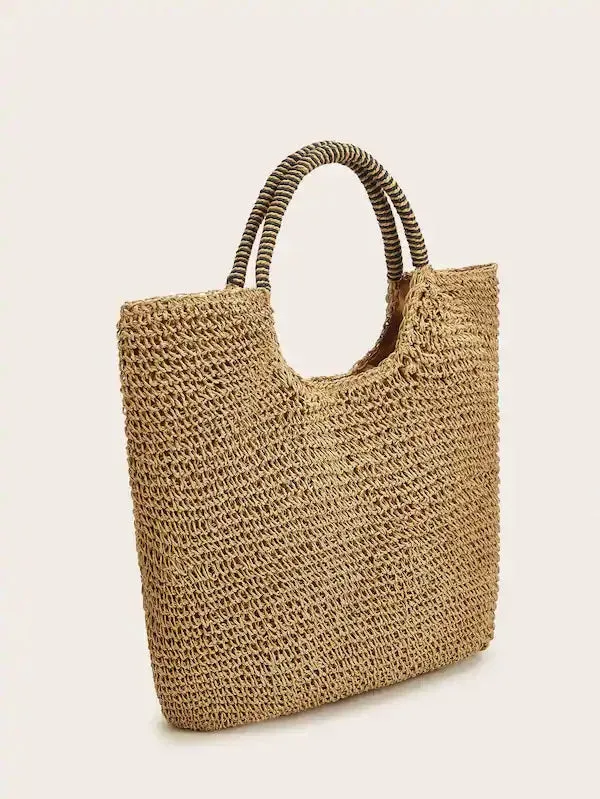CM-BGS121737 Women Casual Bohemian Style Solid Square Straw Tote Bag - Camel